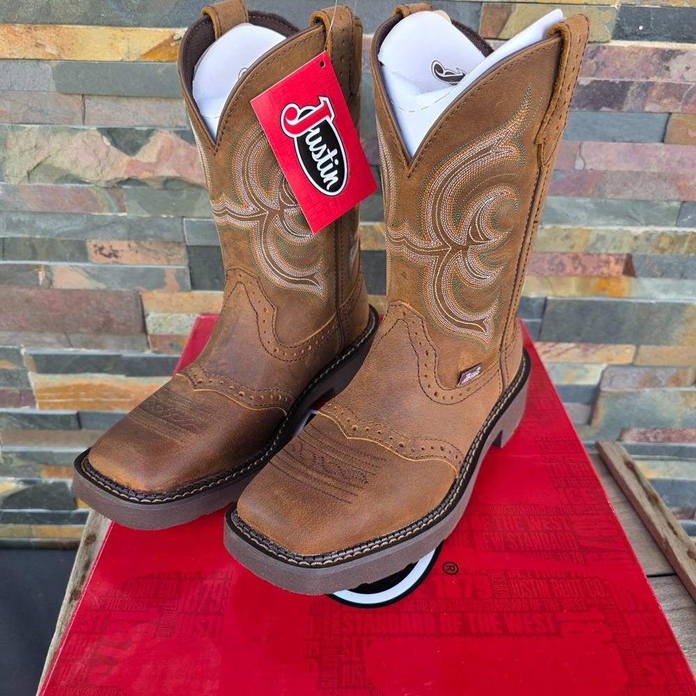 Justin Boots INJI Brown Water Buffalo Wide Square Toe Boots Size 6.5B GY9984 NEW - Picture 2 of 16